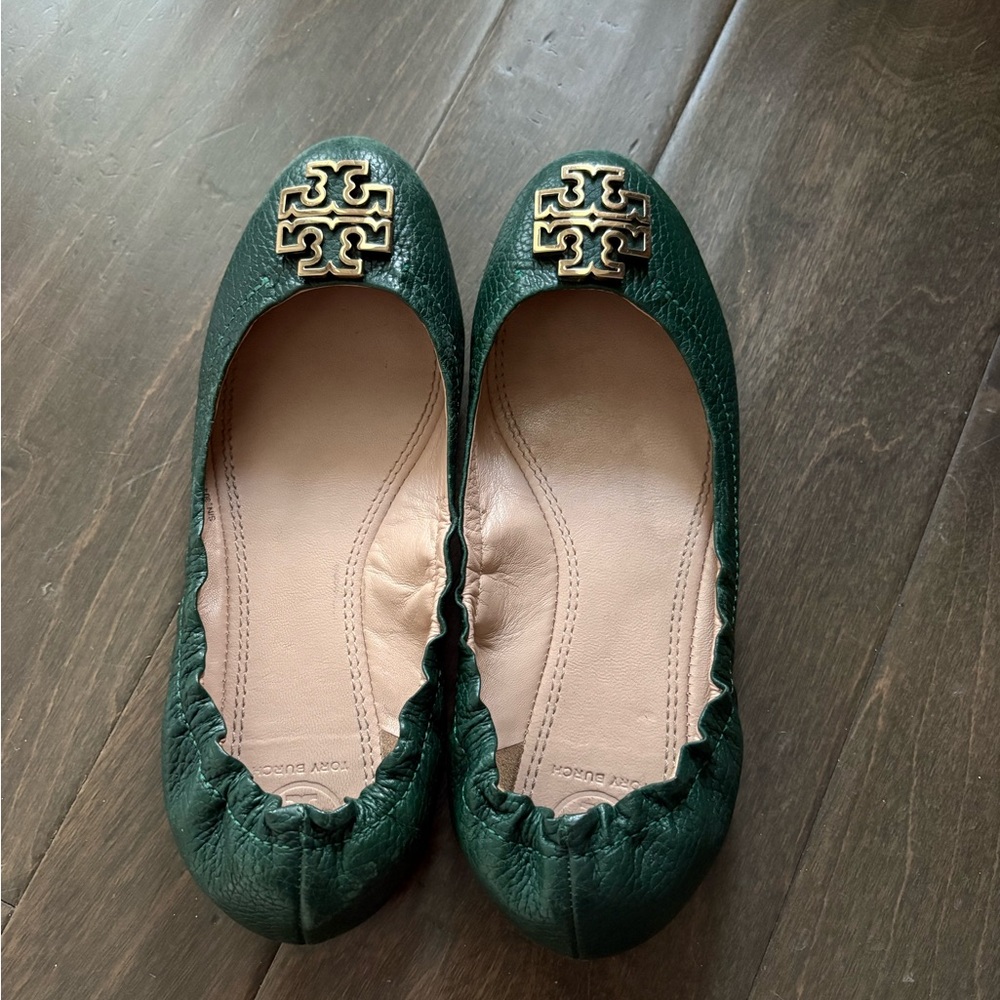 Tory Burch Dark Green Leather Flats with Gold Hardware